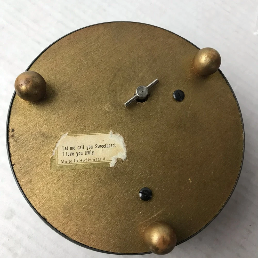 Vintage Metallic Powder Puff Music Box - Vanity Round Drum Box - Switzerland